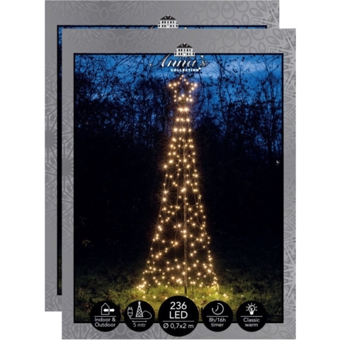 Vlaggenmast kerstboom met ster - 2x - kerstverlichting - 236 leds - 200 cm - warm wit -