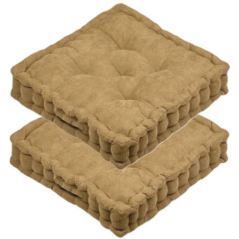 Stof Textile Vloerkussen Ribcord - 2x - camel - polyester - 45 x 45 x 10 cm - vierkant - Extra dik -