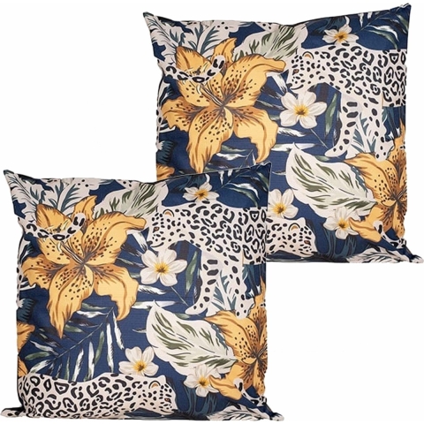 Buitenkussen bloem - 2x - blauw/geel - 45 x 45 cm - Water en UV bestendig -