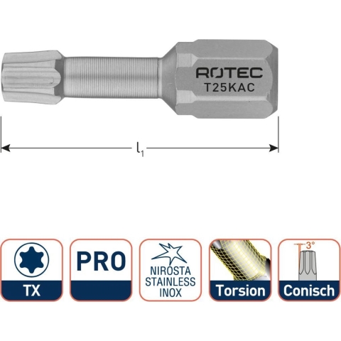 Rotec PRO Insertbit T 10 L=25mm C 6,3 Torsion Konisch RVS - 10 stuks - 8071010