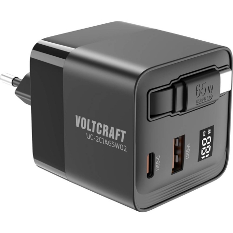 VOLTCRAFT UC-2C1A65W02 USB-oplader 65 W Binnen Aantal uitgangen: 3 x USB-C, USB-A GaN, Opwikkelbare USB-C-kabel, USB Power Delivery (USB-PD), Snellader