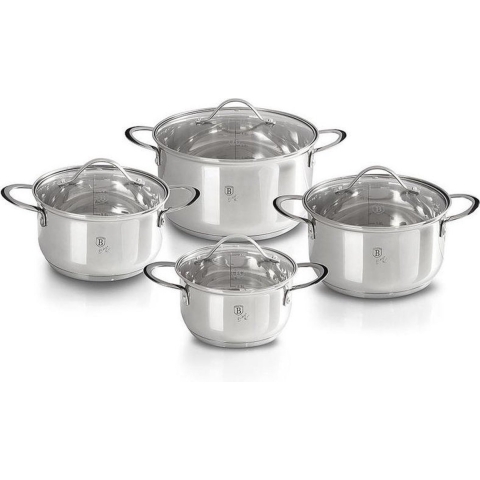Berlingerhaus Pannenset Met Glazen Deksel RVS 4 Delig 16+18+20+24 Cm Silver