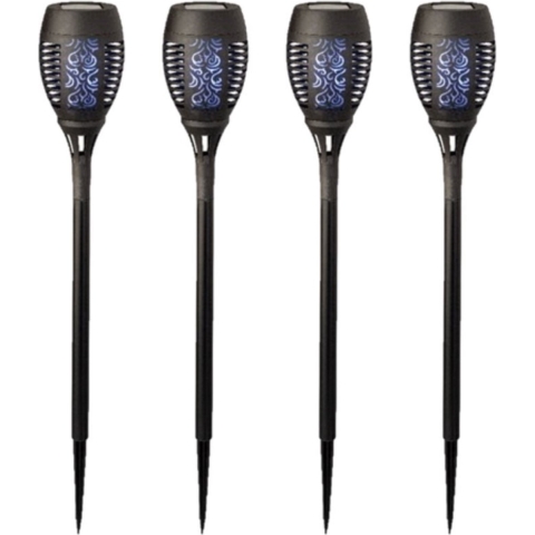 4x stuks solar tuinfakkel zwart met gekleurd vlameffect 49 cm -