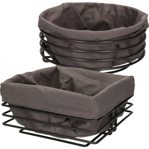 Set van 2 broodmanden/serveermanden rond en vierkant zwart metaal/katoen 23 cm -