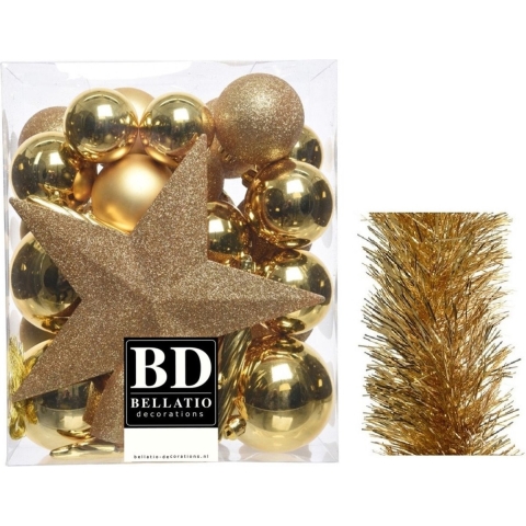 Kerstversiering kerstballen 5-6-8 cm met ster piek en folieslingers pakket goud van 35x stuks -