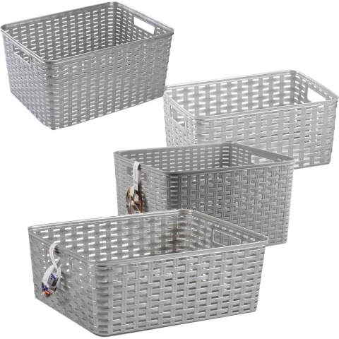 Set van 4x stuks opbergboxen/opbergmandjes rotan zilver kunststof -