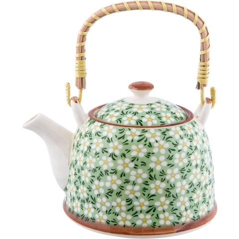 Clayre & Eef Theepot met Filter 700 ml Groen Keramiek Rond Bloemen