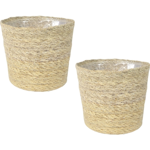 Set van 2x stuks plantenpot/bloempot van jute/zeegras diameter 26 cm en hoogte 23 cm creme beige -