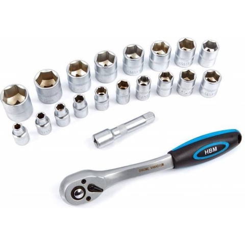 HBM 3/8"PROFI ratel met 19 doppen en verlengstuk