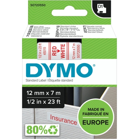 DYMO 45015 Labeltape Polyester Tapekleur: Wit Tekstkleur: Rood 12 mm 7 m