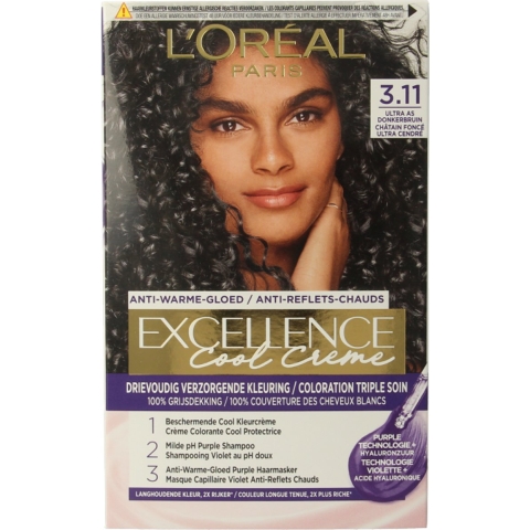 1+1 gratis: L'Oréal Excellence Cool Crème Permanente Crèmekleuring 3.11 - Ultra As Donkerbruin