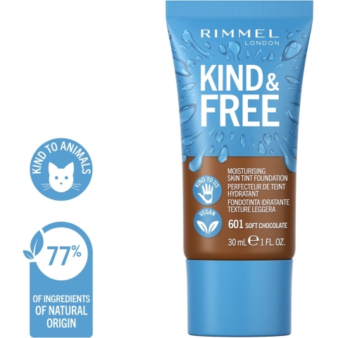 1+1 gratis: Rimmel KIND&FREE Vegan Foundation 601 Soft Chocolate 30 ml