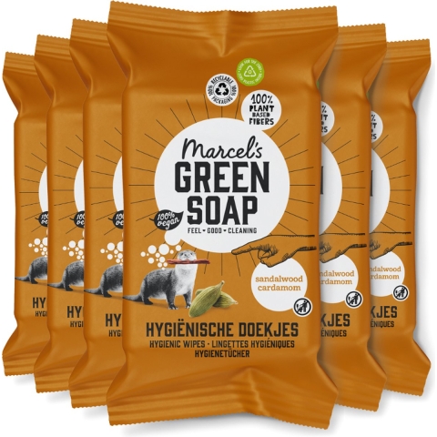 6x Marcel's Green Soap Schoonmaakdoekjes Sandelhout&Kardemom 60 stuks