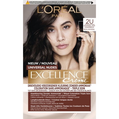 1+1 gratis: L'Oréal Excellence Crème Universal Nudes Permanente Haarkleuring 2U Universeel Zeer Donkerbruin