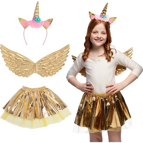 Verkleed set eenhoorn fee - vleugels/diadeem/rokje - goud - kinderen -