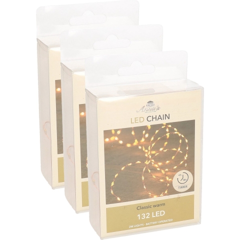 Draadverlichting - 3x - koper - 132 led lampjes - klassiek warm wit - batterij - timer - lichtsnoer -
