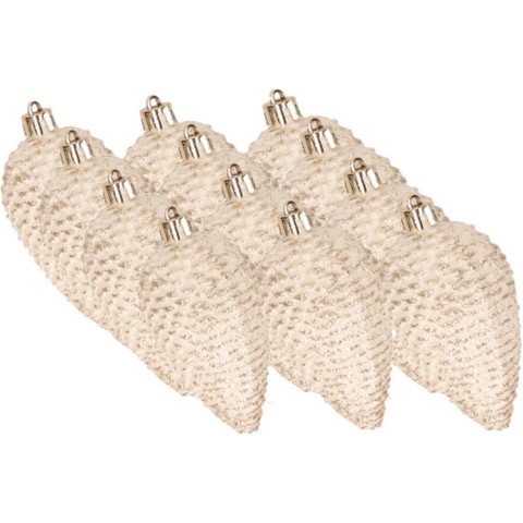 12x Creme witte glitter dennenappels 8 cm kerstboomversiering -