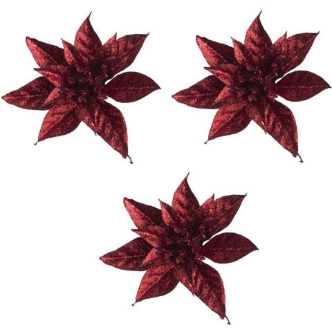 6x Donkerrode decoratie glitter bloemen op clip 8 cm -