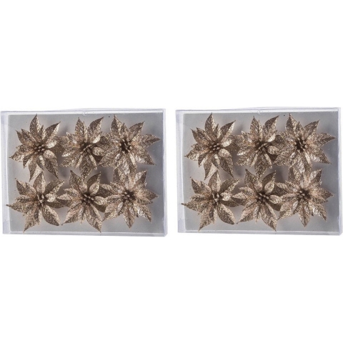 18x Kerstboomversiering champagne glitter bloemen op clip 8 cm -