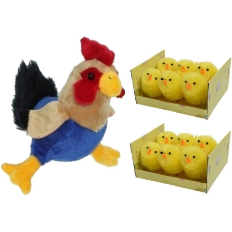 Pluche kippen/hanen knuffel van 20 cm met 12x stuks mini kuikentjes 4 cm -