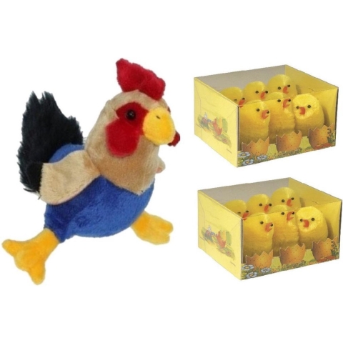 Pluche kippen/hanen knuffel van 20 cm met 12x stuks mini kuikentjes 5 cm -