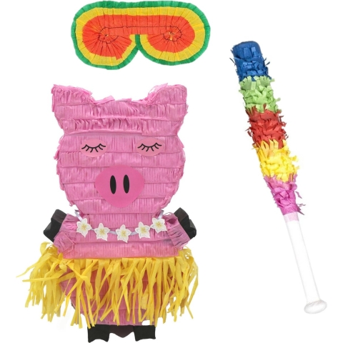 Verjaardag Pinata Varken van 42 x 26 cm - set met stok en masker -