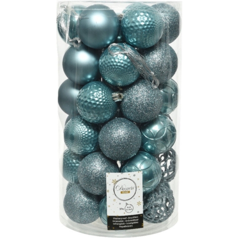 Decoris 37x stuks kunststof kerstballen ijsblauw 6 cm mix -