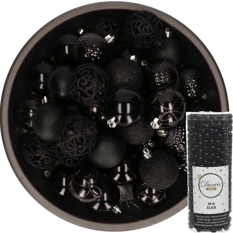 37x stuks kunststof kerstballen 6 cm inclusief kralenslinger zwart -