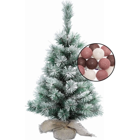 Mini kunst kerstboom besneeuwd -incl. lichtsnoer bollen mix rood - H60 cm -