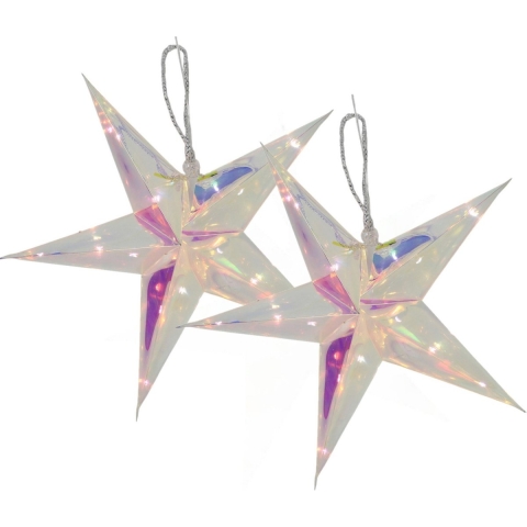 Verlichte kerststerren - 2x - zilver - iriserend- 34 cm - op batterijen - 15 led lampjes -