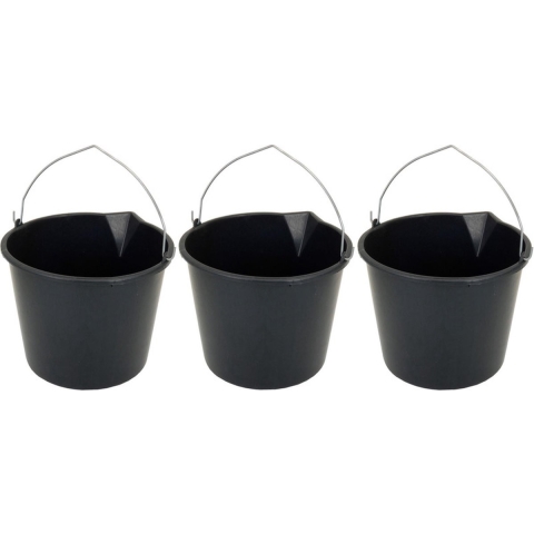 3x Stevige zwarte huishoud emmers 12 liter met tuit -