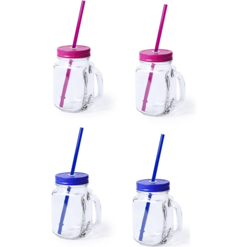 Set van 4x glazen drinkbekers dop/rietje 500 ml blauw/roze -