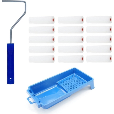 15x verfrollers fijn incl rollerbeugel en verfbakje 10 cm -