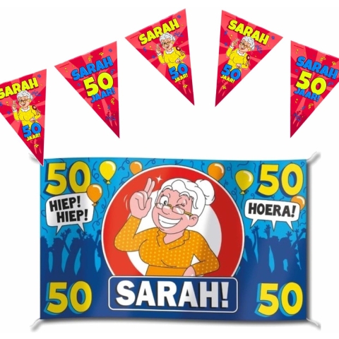 Set van 1x Sarah/50 jaar gevelvlag 100 x 150 cm en 3x vlaggenlijnen 10 meter -