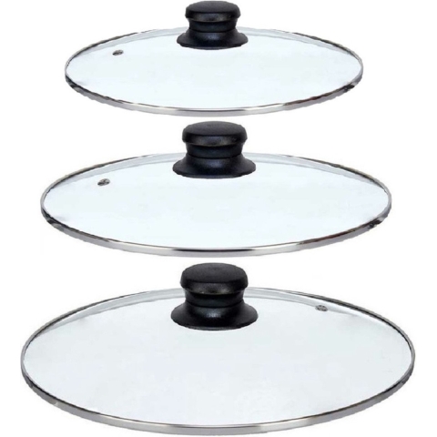 Universele pannendeksel set - 3x stuks - Dia 26/24/22 cm - glas - stoomgaatje -
