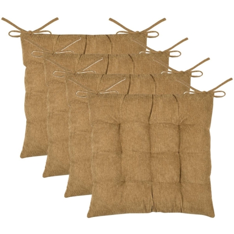 Stof Textile stoelkussen Dandy - 4x - camel - 38 x 38 x 5 cm - touwtjes sluiting - ribcord -