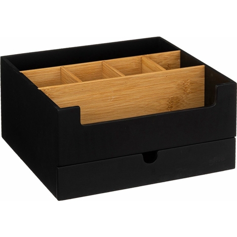 Make up/bureau organizer - zwart - 26 x 24 x 13 cm - bamboe hout - pennenbakje -