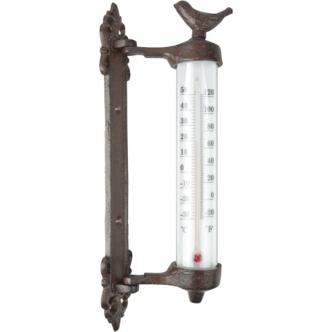 Esschert Design Wandthermometer - gietijzer - met vogel - 27 cm - temperatuurmeter -