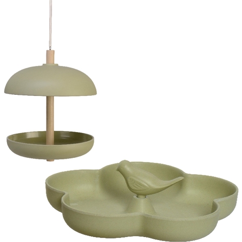 Vogel voedersilo met vogelbad - bamboe hout - lichtgroen -