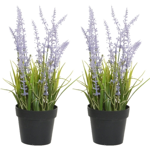 2x stuks lavendel kunstplant in pot - lila paars - D15 x H30 cm -