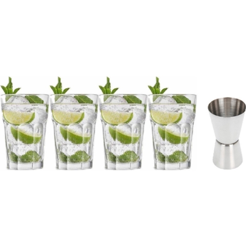 4x Cocktailglazen / Mojito glazen transparant 410 ml met RVS maatbeker / barmaatje -