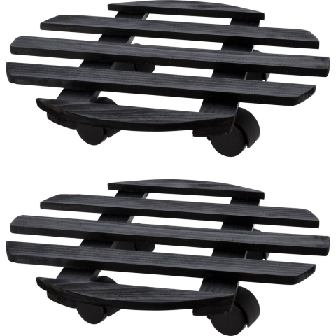 Plantentrolley - 2x - hout - donkergrijs - rond - D28 cm - 100 kilo -