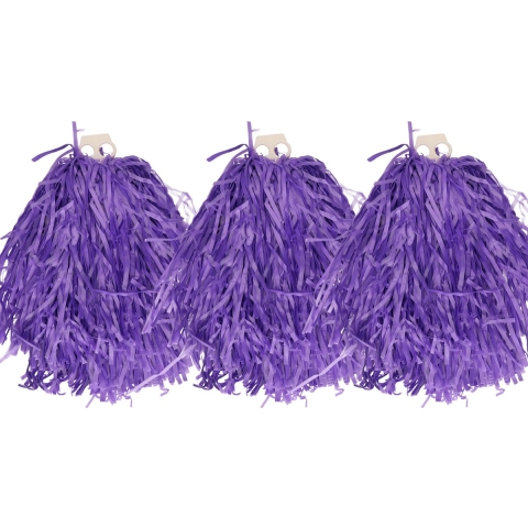 Cheerballs/pompoms - 6x - paars - met franjes en ring handgreep - 28 cm -