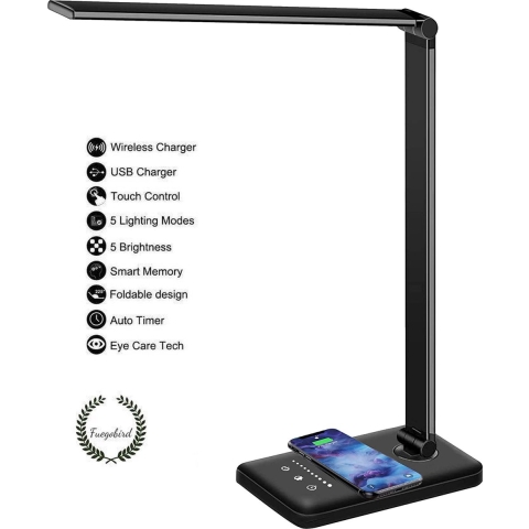 Fuegobird EK009 LED Bureaulamp - Draadloos Oplaadfunctie - Kantelbaar - Zwart