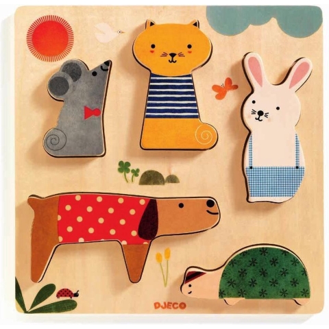 Djeco Puzzel - Hout - 5 Bakstenen - Woodypets - Djeco - OneSize - Puzzel