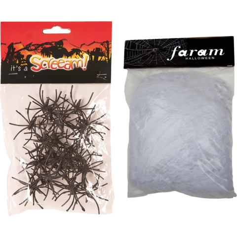 Decoratie spinnenweb/spinrag groot met spinnen - 850 gram - wit - Halloween/horror versiering -
