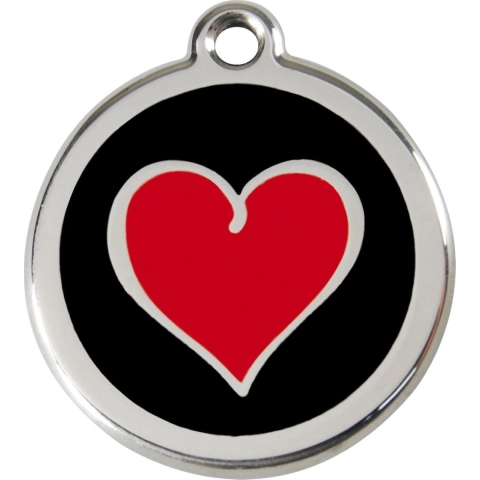 Heart Black Black / Red roestvrijstalen hondenpenning small/klein dia. 2 cm - Reddingo