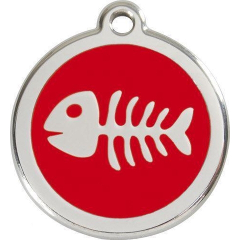 Fish Skeleton Red roestvrijstalen hondenpenning medium/gemiddeld dia. 3 cm - Reddingo