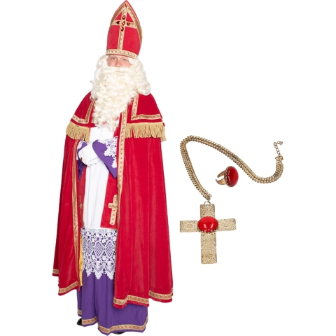 Sinterklaas kostuum - inclusief ring en kruis ketting met rode steen One size -