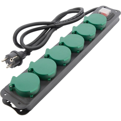 Waterproof stekkerdozen zwart/groen 6-voudig 1,5 meter -